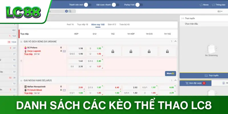 Danh sách các kèo thể thao LC88 hấp dẫn nhất 2025